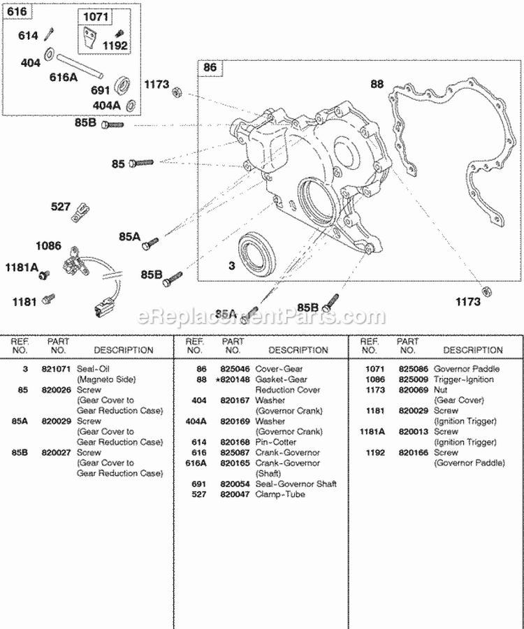 Gear Cover Ignition Trigger Governor Crank Diagram and Parts List for 430447-0105-01  Briggs and Stratton Engine